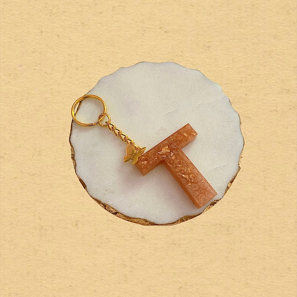 Custom Letter “T” Butterfly Key Chain - Peach Gold